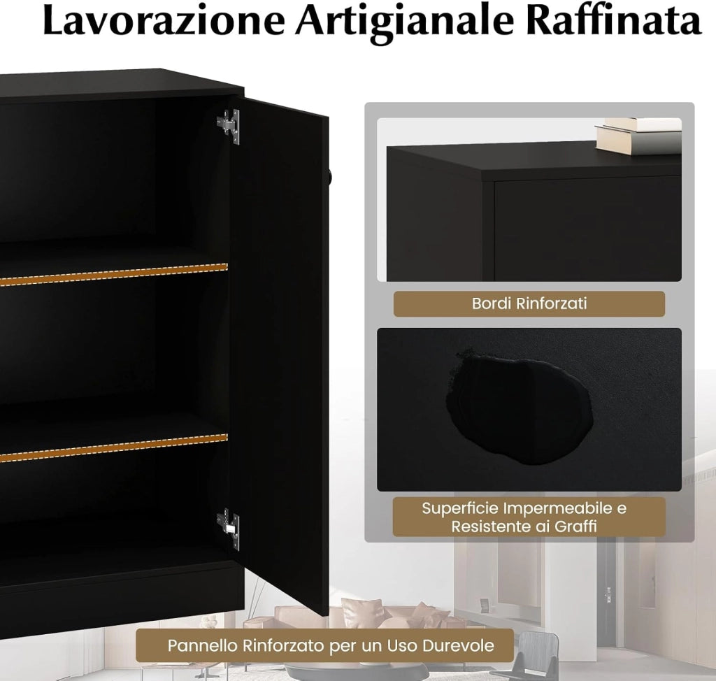 Armadietto da 2 Ante, Mobile da Pavimento con Ripiani a 3 Livelli e Dispositivo Anti-Ribaltamento, per Soggiorno, Sala da Pranzo e Ingresso, 72 x 34 x 85,5 cm (Nero)