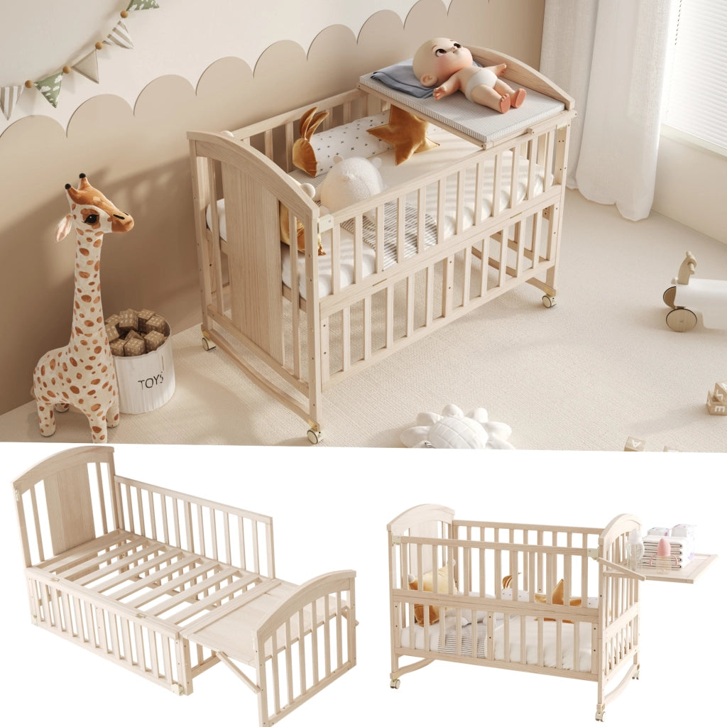 Lettino a rete in legno color legno naturale multifunzione: con fasciatoio, ripiano pieghevole, allungabile di 40 cm e uso come lettino affiancato. Senza materasso. 120x60x95 cm