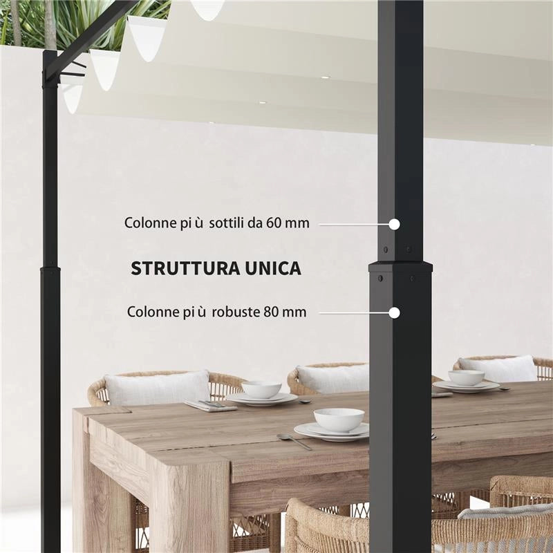 GAZEBO PERGOLA 3X3 M CON TETTUCCIO RETRATTILE 8 VITI E 8 PICCHETTI IN POLIESTERE 180G E METALLO BIANCO CREMA