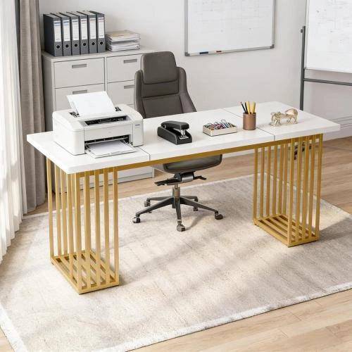 Scrivania da ufficio con piano ampio per 6-8 persone per studio e sala da pranzo in metallo e legno bianco e oro