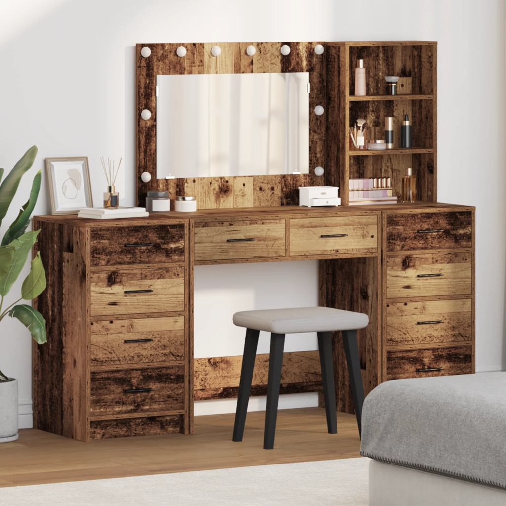 Set di 3 pezzi di tavolo da toeletta con LED legno vecchio legno ingegnerizzato