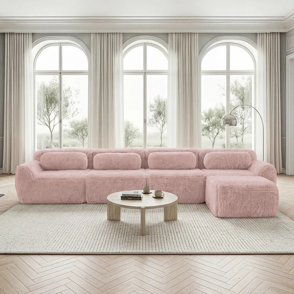 Divano Angolare 4 Posti con Chaise Longue ¨C MINIMAL ¨C Velluto Rosa, Cuscini Inclusi
