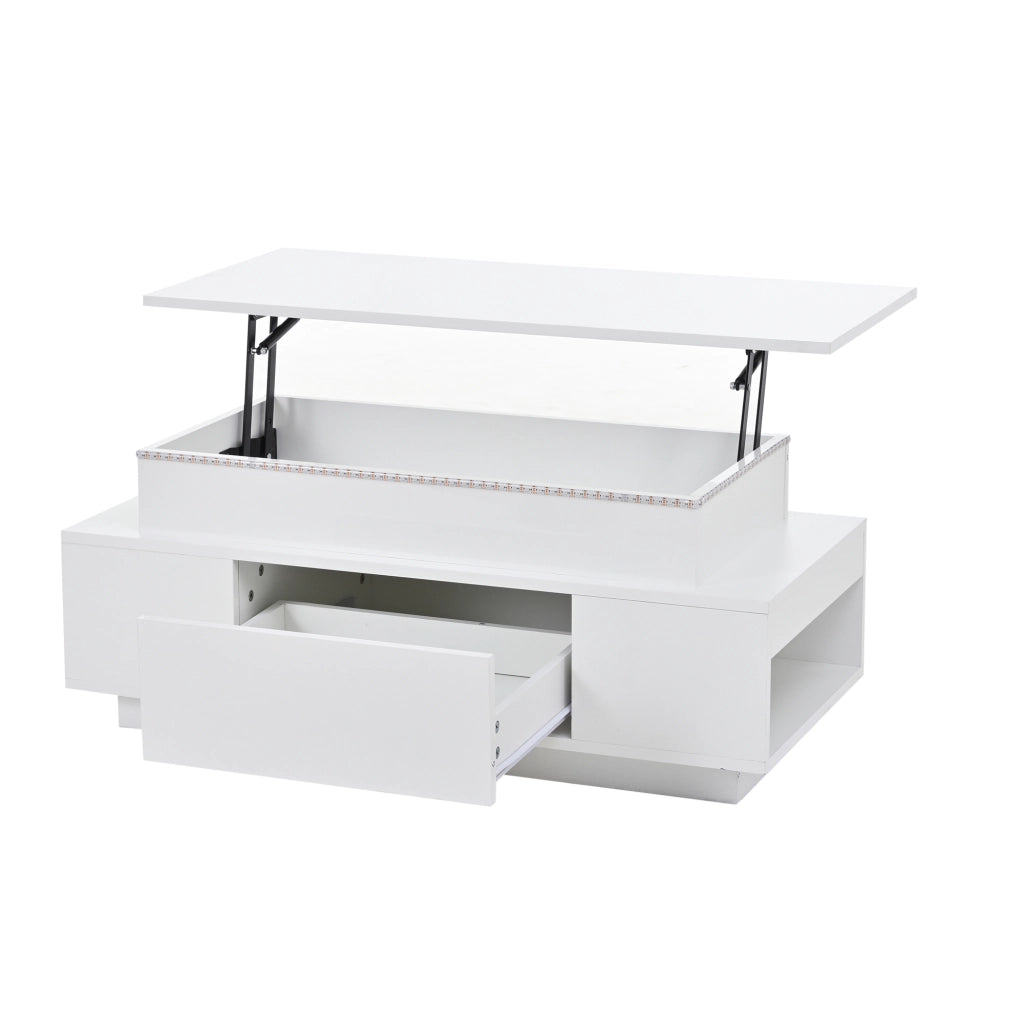 Tavolino Da Salotto Reclinabile con 1 Cassetto e Vano Nascosto; LED USB; Bianco Lucido; Stile Moderno; 96×45×40 cm; Bianco