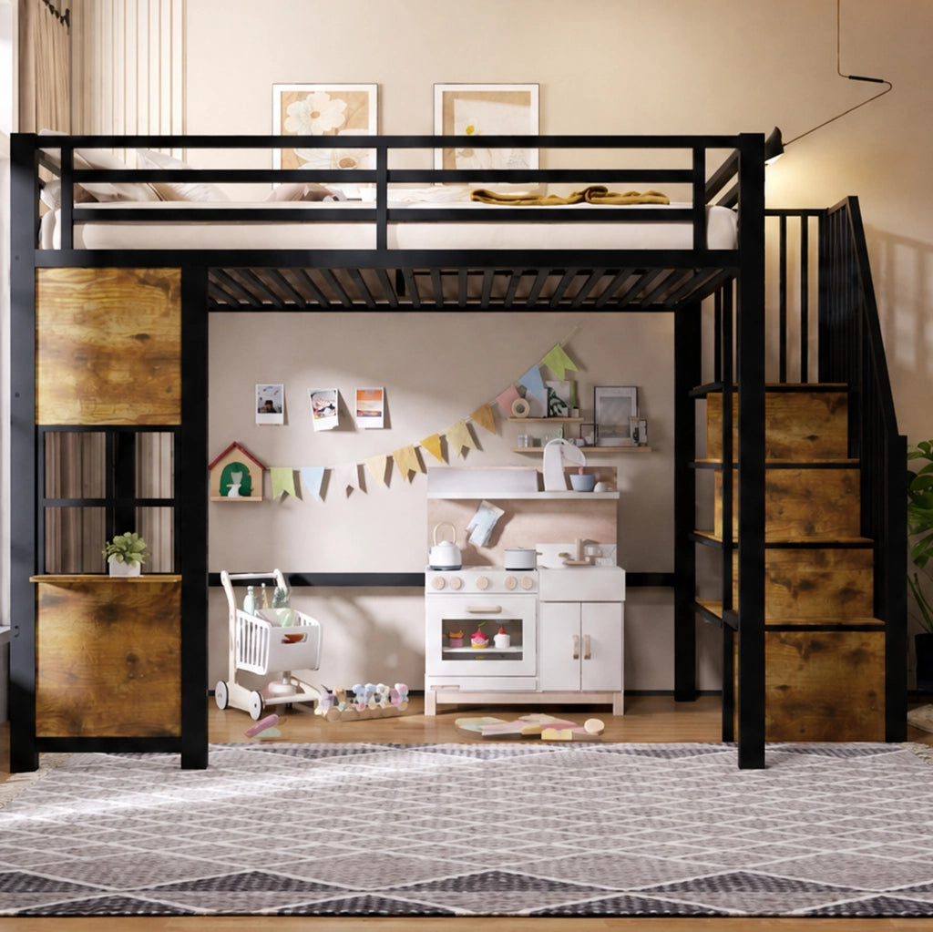 Letto a soppalco 140x200 cm con scala contenitore e area gioco, nero