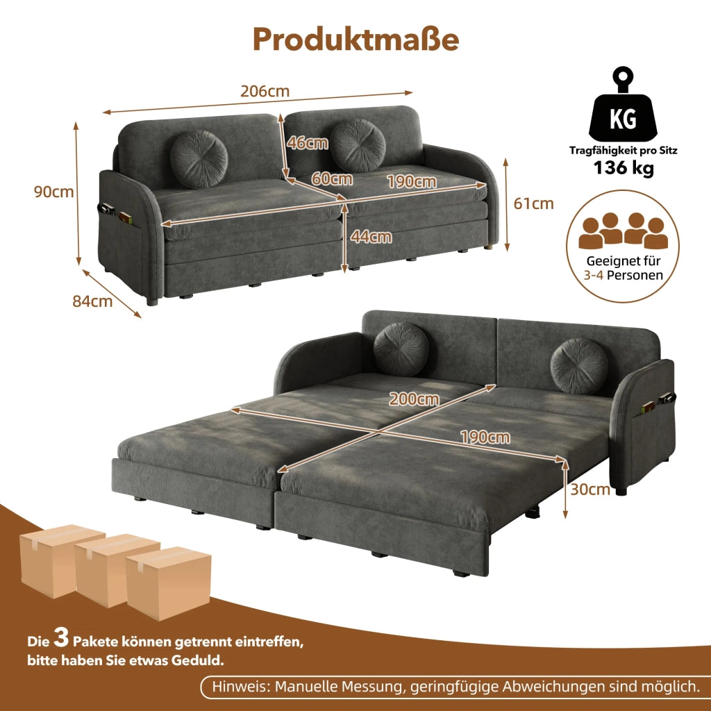 Divano letto 3 posti estraibile King-Size 206 cm, chenille grigio, funzione sonno 3-in-1, cuscini sfoderabili e tasche portaoggetti laterali
