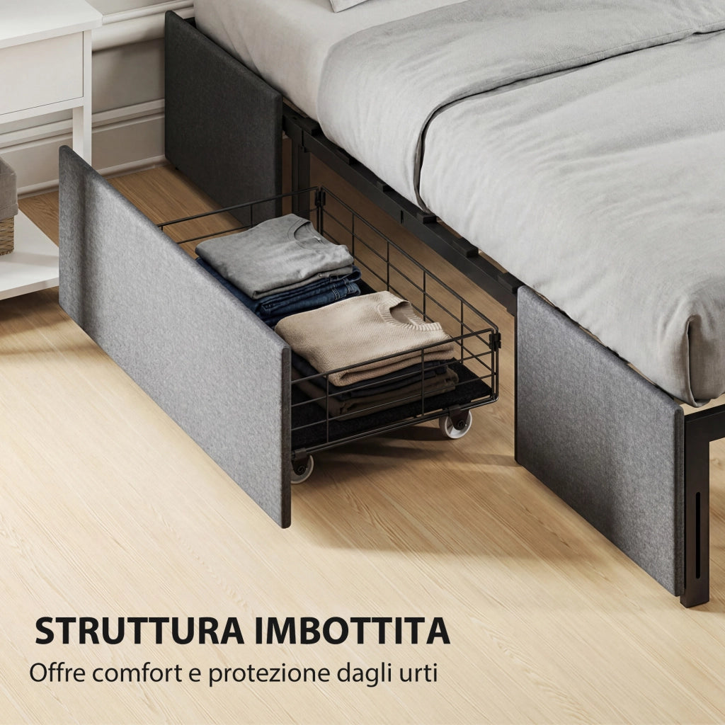 Struttura Letto Matrimoniale 165x193x30 cm a Doghe con 3 Cassetti in Legno Poliestere e Metallo Grigio