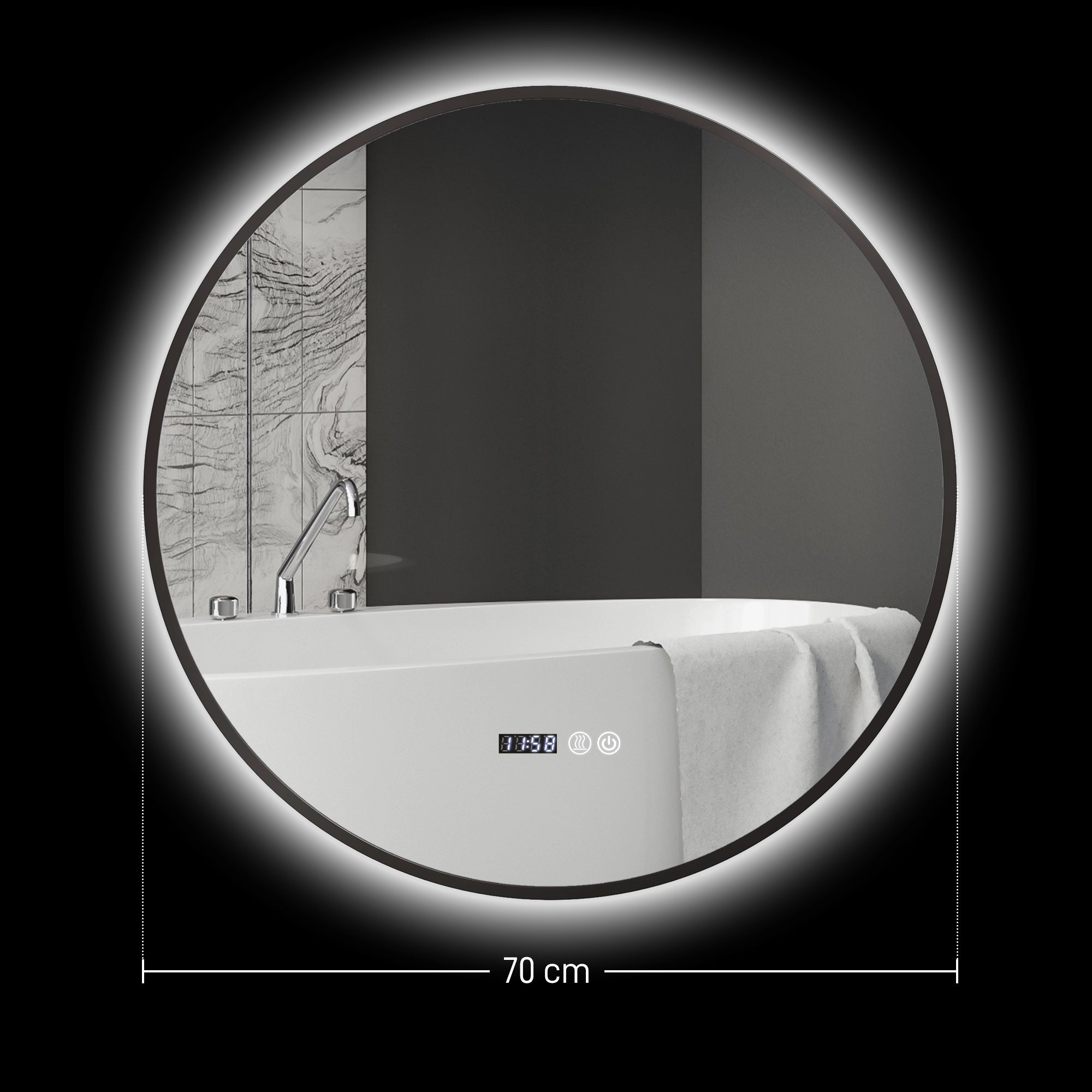 Specchio Bagno con Luce LED a 3 Tonalità Ø70 cm Antiappannamento e Display Tempo e Temperatura Nero