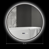 Specchio Bagno con Luce LED a 3 Tonalità Ø70 cm Antiappannamento e Display Tempo e Temperatura Nero