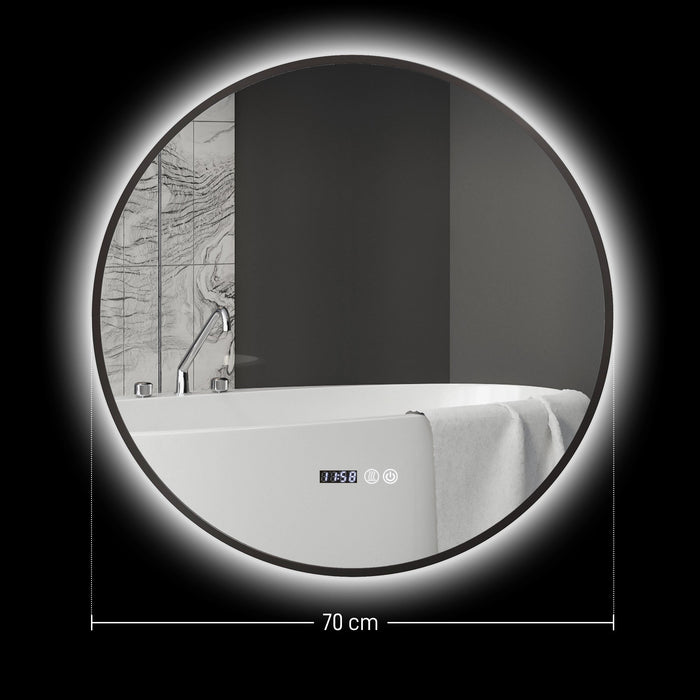 Specchio Bagno con Luce LED a 3 Tonalità Ø70 cm Antiappannamento e Display Tempo e Temperatura Nero