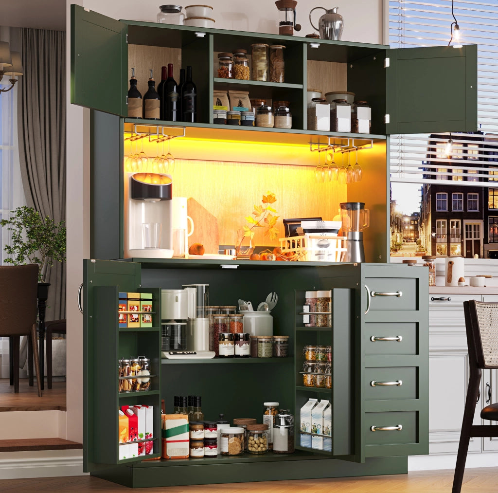 Credenza verde con LED, portabottiglie e 4 ante, 120x40x188 cm