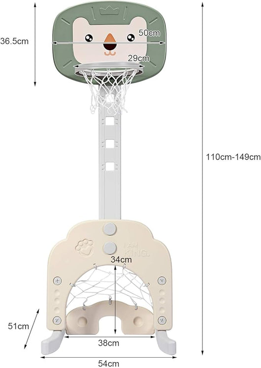 Basket per Bambini Centro attività Multifunzione - Palla Canestro, Calcio e Golf, Mazza da Golf e Palle incluese, per Bambini, Altezza Regolabile (Leone Verde)