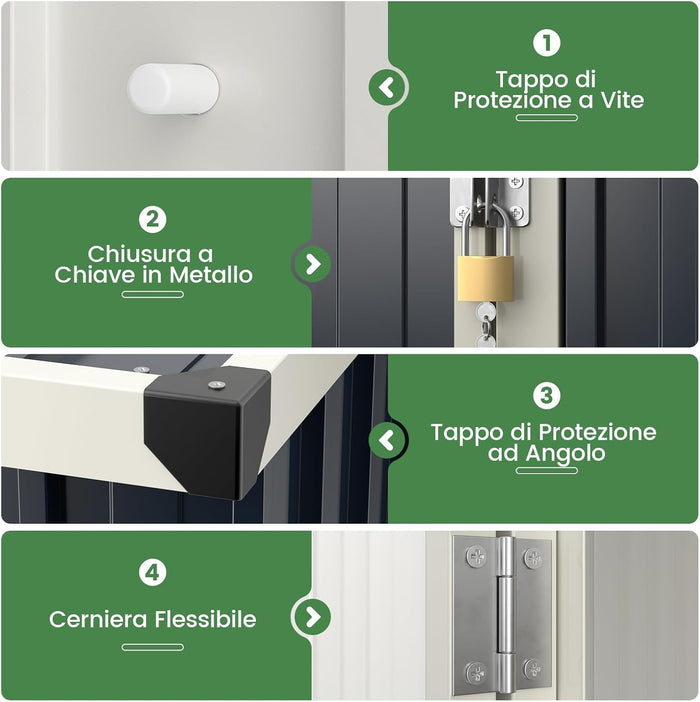 Casetta da Giardino 1 m², Capanno Attrezzi in Metallo Zincato con Porta Bloccabile e Tetto Inclinato, Struttura a Scatto Pratica, Armadio da Esterno con Kit di Viti di Espansione e Tappo