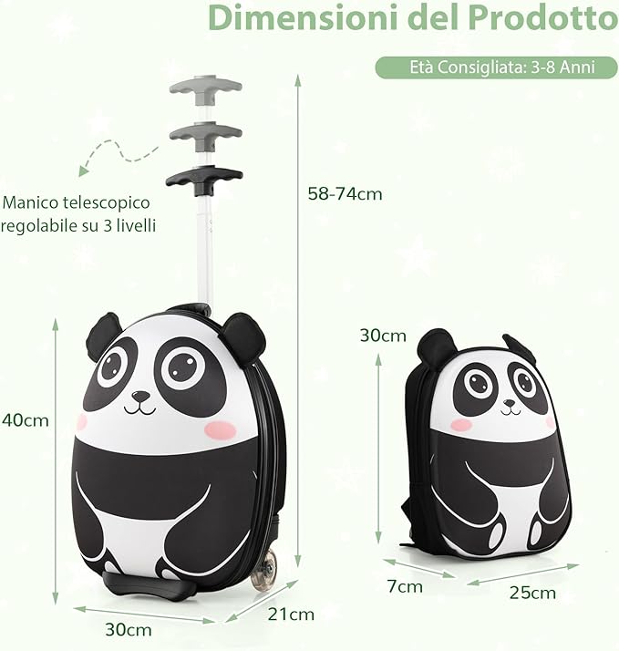 2 Pezzi Valigia per Bambini con Maniglia Retrattile + Zaino Bagaglio a Mano, con ruote girevoli a 360 ° (panda)