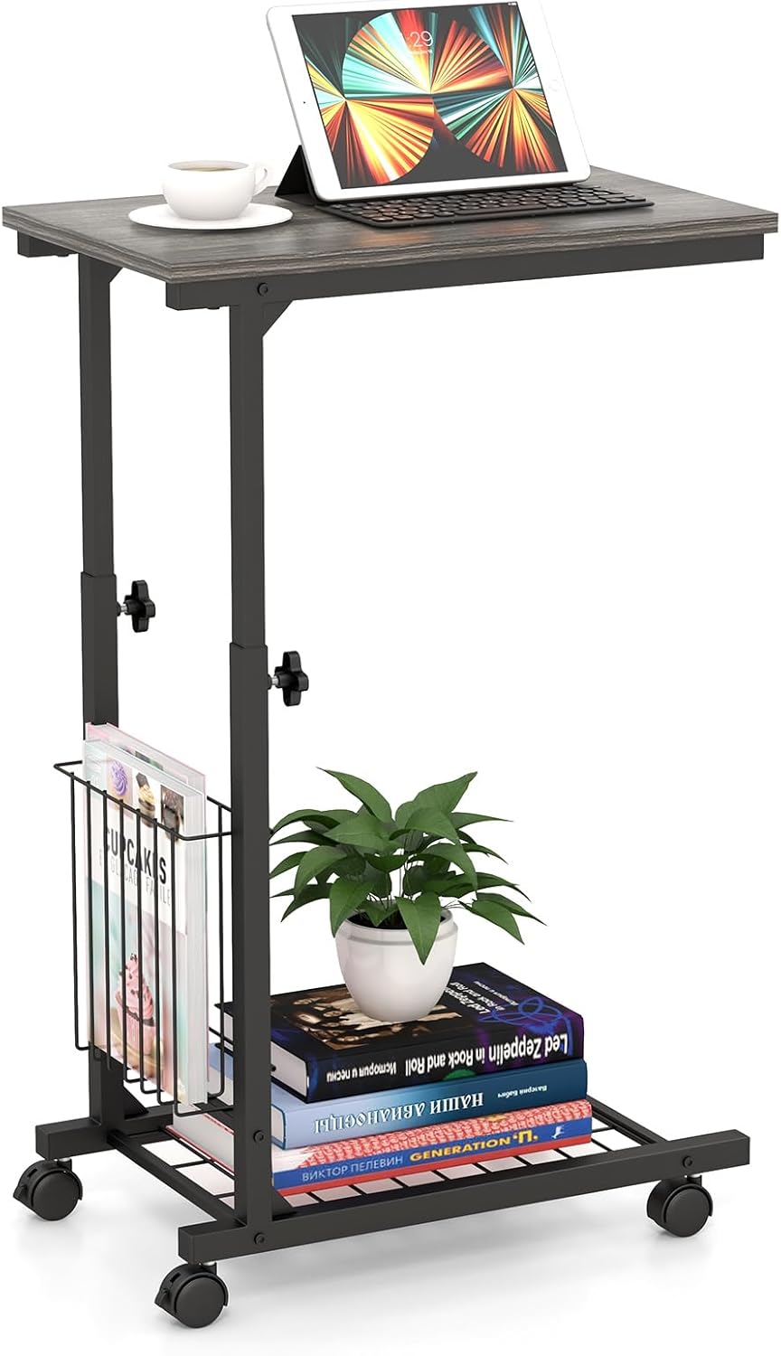 Tavolino da Salotto Moderno, Tavolino Basso Regolabile in Altezza con Ruote e Cestino Portaoggetti, Tavolino Porta PC a Forma di C da Divano e Letto per Soggiorno e Camera da Letto (Grigio)