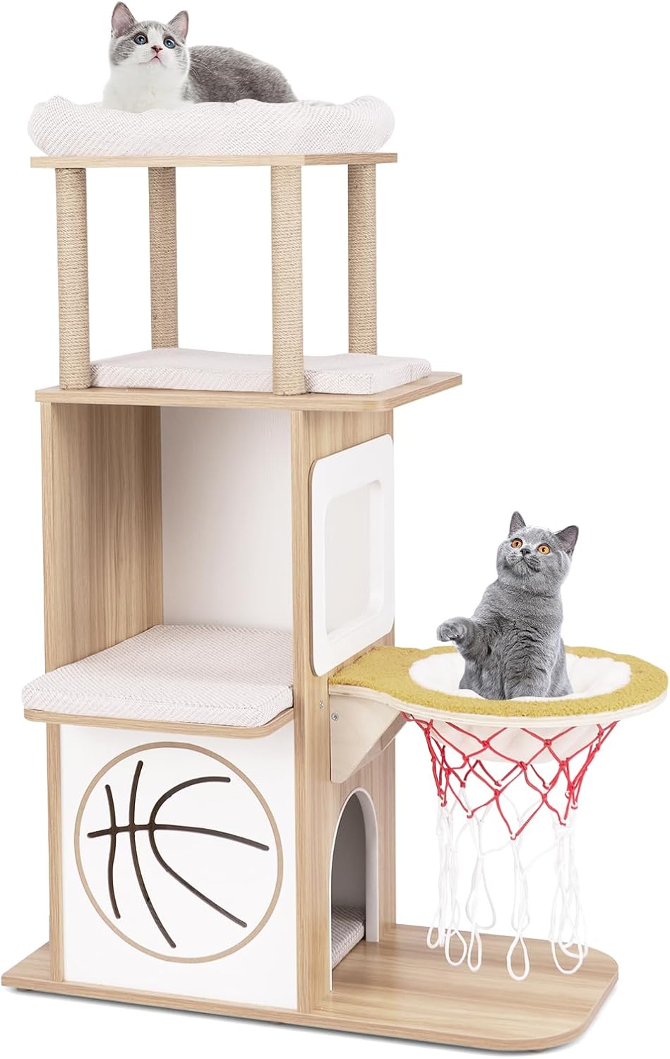 Tiragraffi in Legno 120cm, Torre con Graffiare in Sisal per Gatti a Tema Sportivo con 2 Piani, 2 Posatoi, Amaca e Cuscini Imbottiti, Mobile per Animali Domestici, Naturale
