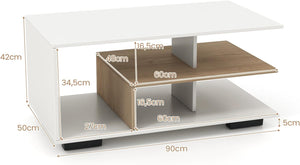 COSTWAY Tavolino da Caffè Rettangolare, Tavolo da Salotto Moderno con Mensola Centrale a Forma di L, Tavolino a 3 Livelli per Soggiorno, Sala di Ricevimento e Ufficio (Bianco)