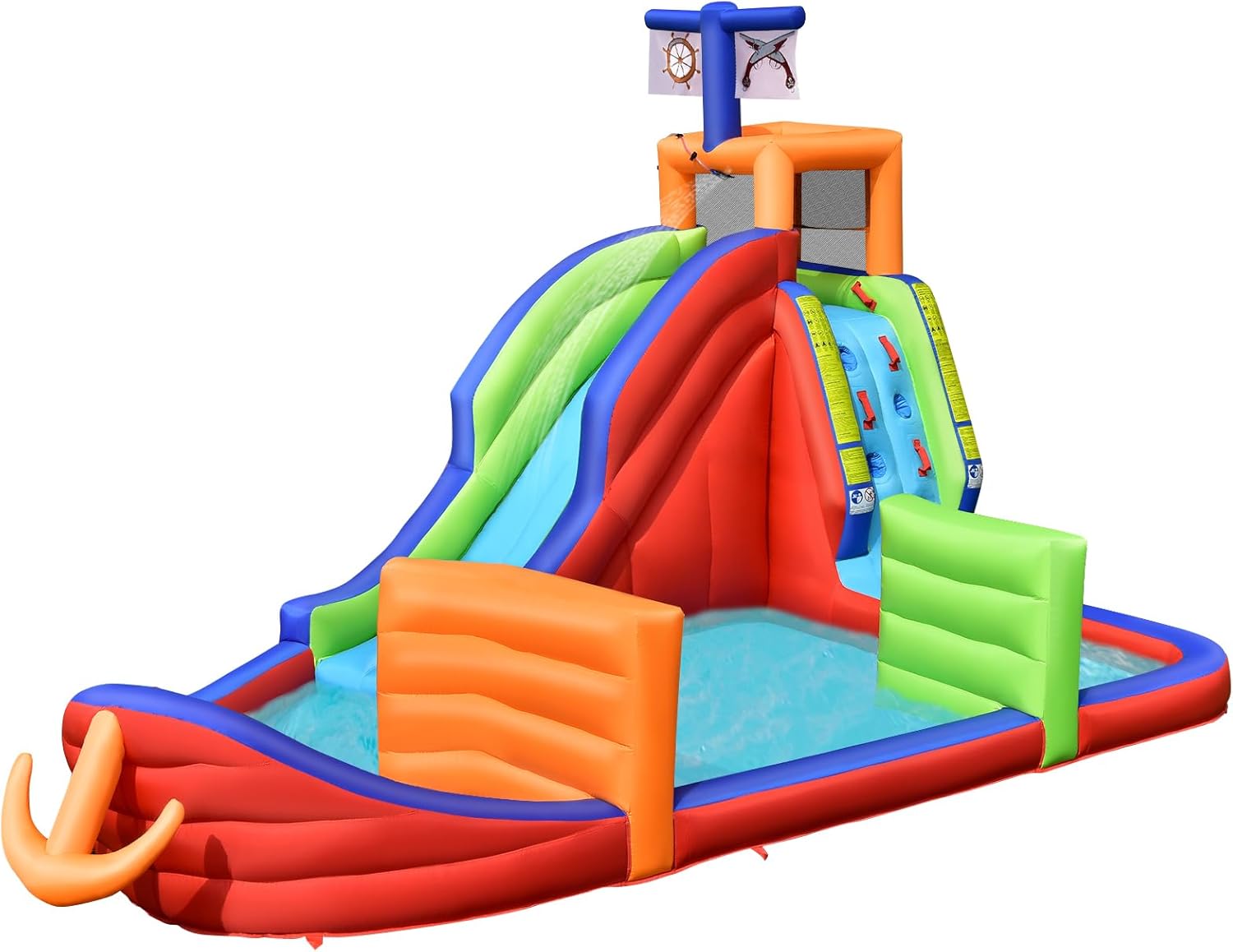 Castello Gonfiabile per Bambini 6 in 1, con Scivolo, Parete per Arrampicarsi, Piscina, Freccette, Gioco di Lancio, Pistole Acquatiche e Borsa, Ideale per 3 Bambini con Età 3-10 Anni