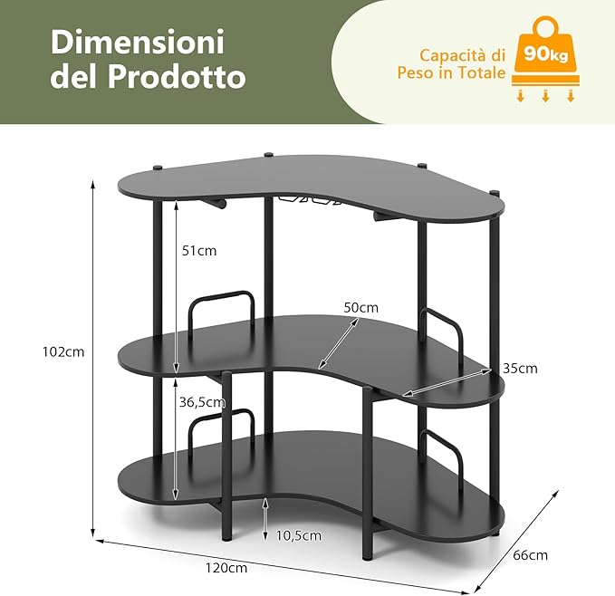 Tavolo da Bar 120 x 66 x 102 cm, Portabottiglie Vino a 3 Ripiani con Portabicchieri e Mensole di Stoccaggio, Isola Cucina Industriale per Bistro (Nero)