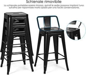 Set di 4 Sgabelli da Bar da 62 cm, Impilabile Sedie da Cucina Alto, in Metallo, con Schienale Rimovibile, Poggiapiedi, Design Industriale (Nero)