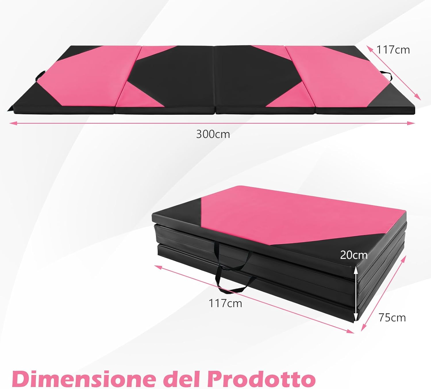 Tappetino Ginnastica Pieghevole 300 CM, Tappetino a 4 Pannelli in Similpelle con Gancio, Chiusure a Strappo e Maniglie per Ginnastica, Yoga e Allenamenti da Casa e Palestra