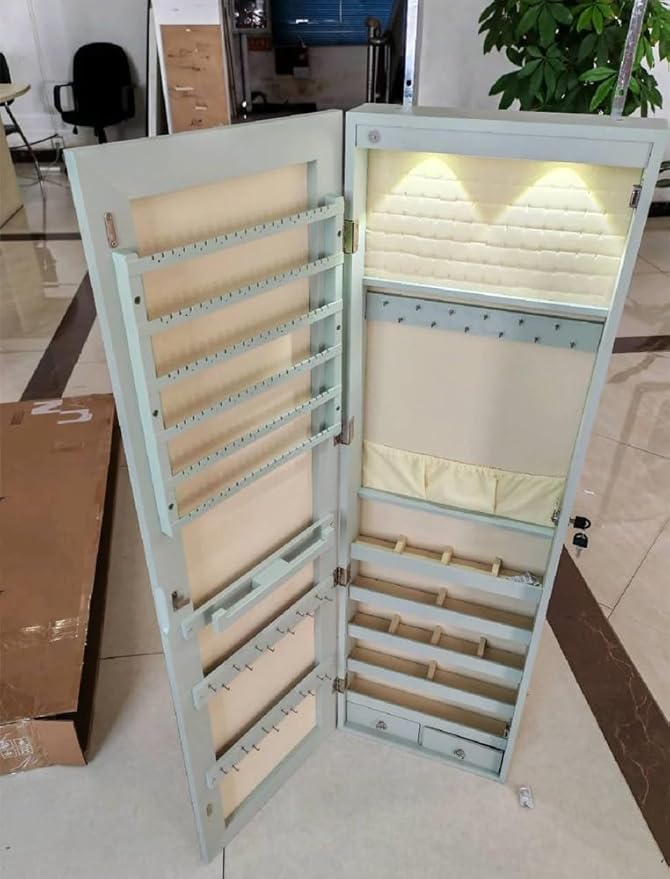 Armadietto per Gioielli con Illuminazione a LED Portagioie da Parete con Specchio, Chiudibile a Chiave, 35,5 x 10 x 120 cm (Verde)