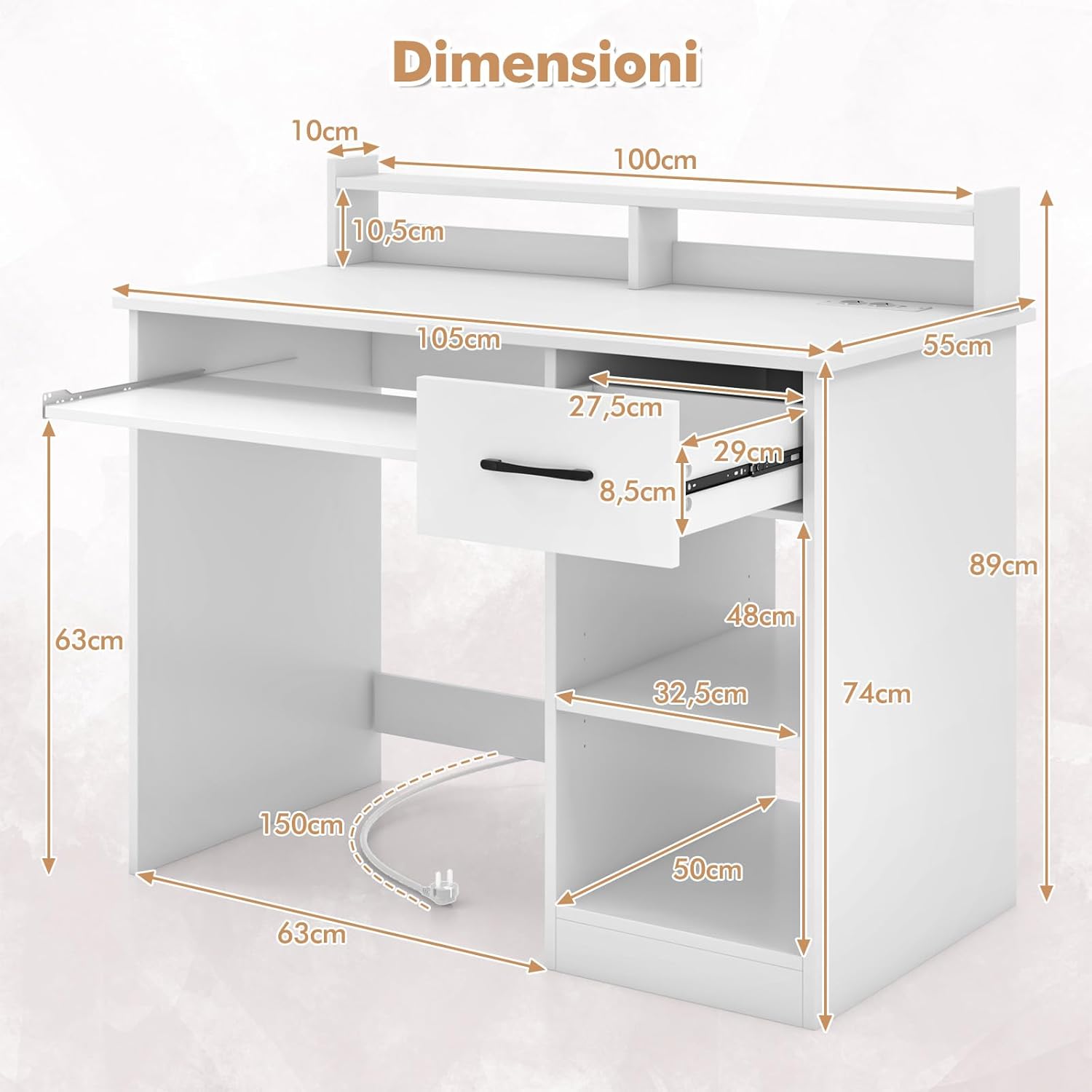 Scrivania per Computer con 2 Prese di Corrente e Prese USB, Scrivania Ufficio con Cassetto e Ripiano Estraibile per Tastiera, Scrivania Gaming con Ripiano Regolabile, 105 x 55 x 89 cm, Bianco