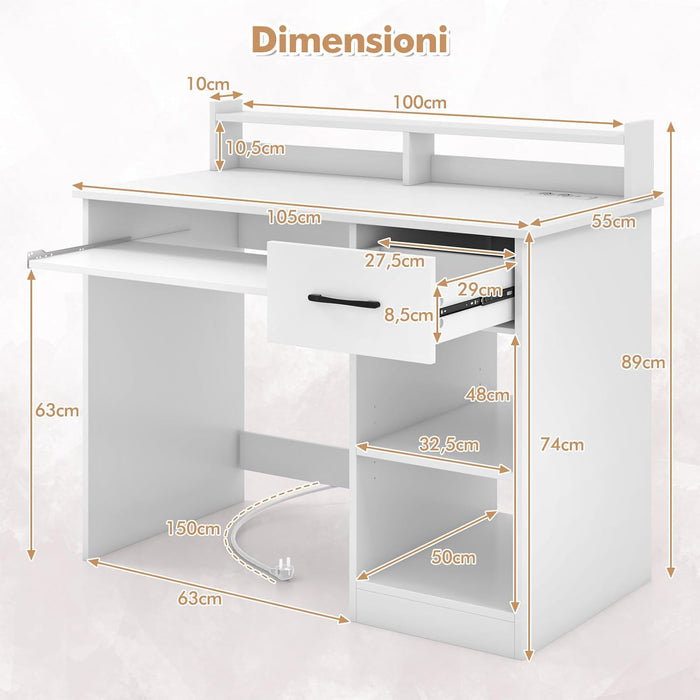 Scrivania per Computer con 2 Prese di Corrente e Prese USB, Scrivania Ufficio con Cassetto e Ripiano Estraibile per Tastiera, Scrivania Gaming con Ripiano Regolabile, 105 x 55 x 89 cm, Bianco