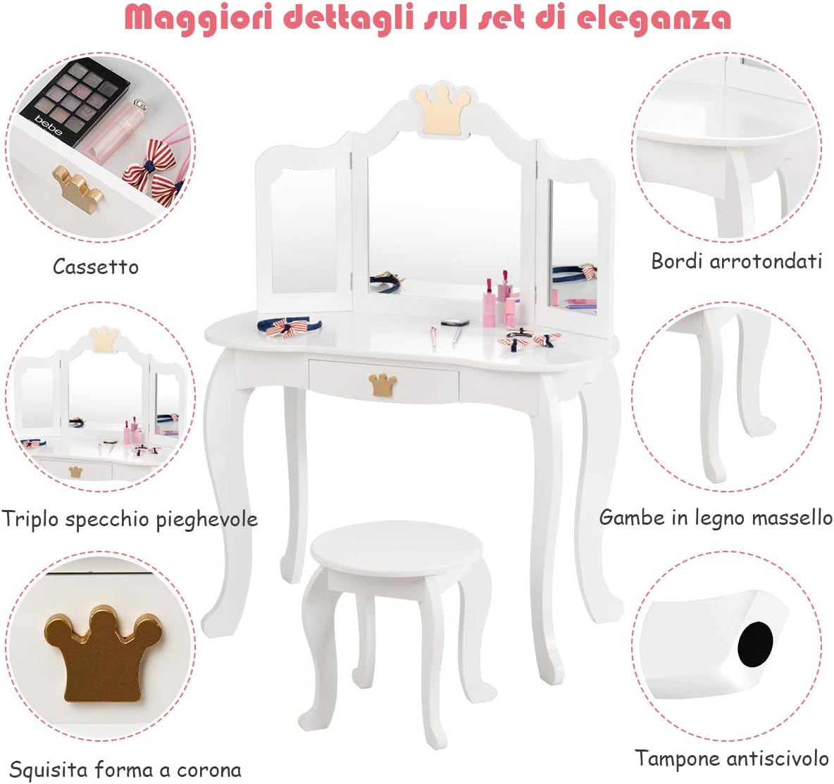 Set Toeletta Trucco e Sedia per Bambine - Smontabile Specchio e Cassetto, Toletta Trucco 2 in 1, 80 x 42 x 105 cm, Bianco