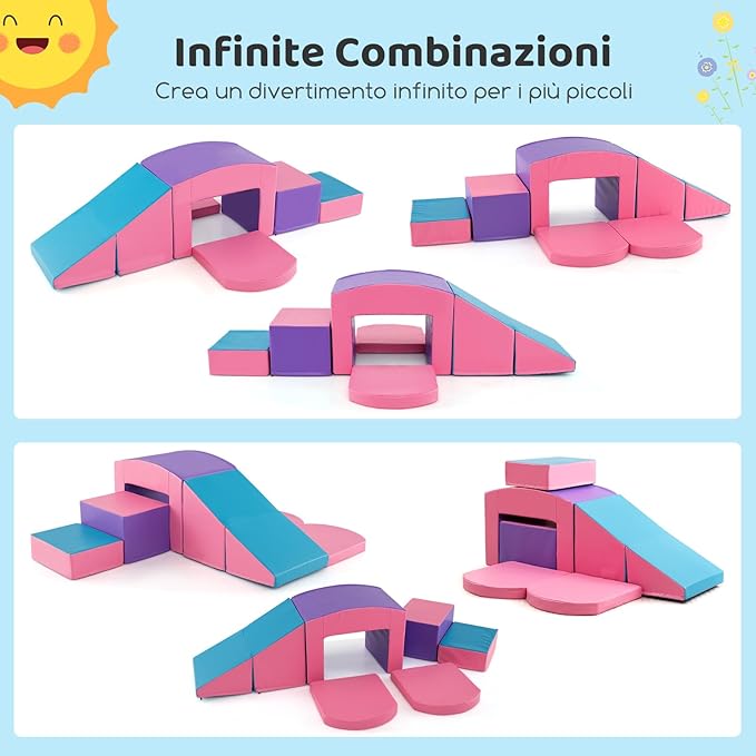 6 Blocchi di Schiuma per Arrampicata, Gioco Morbido per Bambini, Set di Costruzioni Colorate per Arrampicarsi e Strisciare con Tunnel, Scale e Rampetta per Bambini 12 Mesi + (Viola)