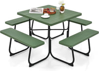 Set Tavolo da Picnic Quadrato con Panche per 8 Persone, Tavolo da Picnic con 4 Panche e Foro per Ombrellone, con Telaio in Metallo, Ogni Panca Portata 225 kg, per Giardino, Cortile (Verde)