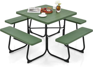 Set Tavolo da Picnic Quadrato con Panche per 8 Persone, Tavolo da Picnic con 4 Panche e Foro per Ombrellone, con Telaio in Metallo, Ogni Panca Portata 225 kg, per Giardino, Cortile (Verde)