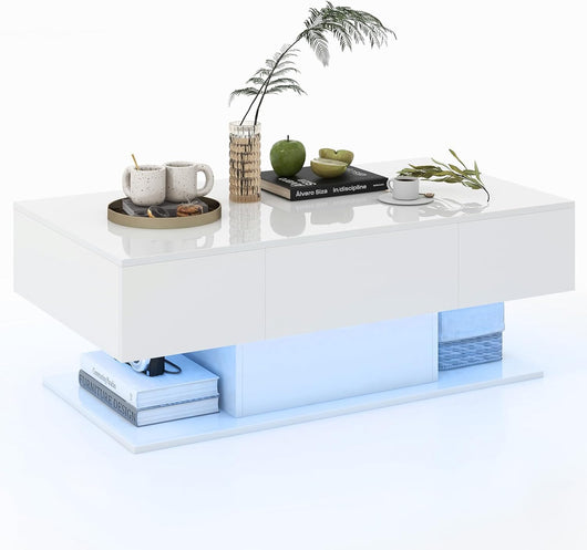 Tavolino da Caffè Moderno, Tavolino a 2 Piani con 20 Luci LED a Colori, 2 Cassetti Portaoggetti e Finitura Lucida, Tavolino Rettangolare per Salotto, Studio e Camera da Letto (Bianco)