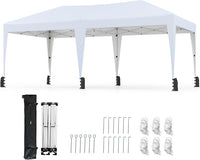 Gazebo Pop-up da Esterno 590 x 300 cm, Gazebo Regolabile in Altezza con Borsa con Ruote, Picchetti, Ancoraggi, Corde Antivento e Sacchi di Sabbia, Tenda Pieghevole per Campeggio (Bianco)