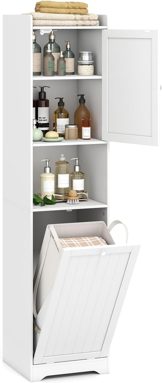Mobile da Bagno, Armadietto Alto in Legno con Ripiano Regolabile, Cestino per Portabiancheria con Maniglie e Mensola Aperta, 40 × 40 × 170 cm, per Bagno e Cucina (Bianco)