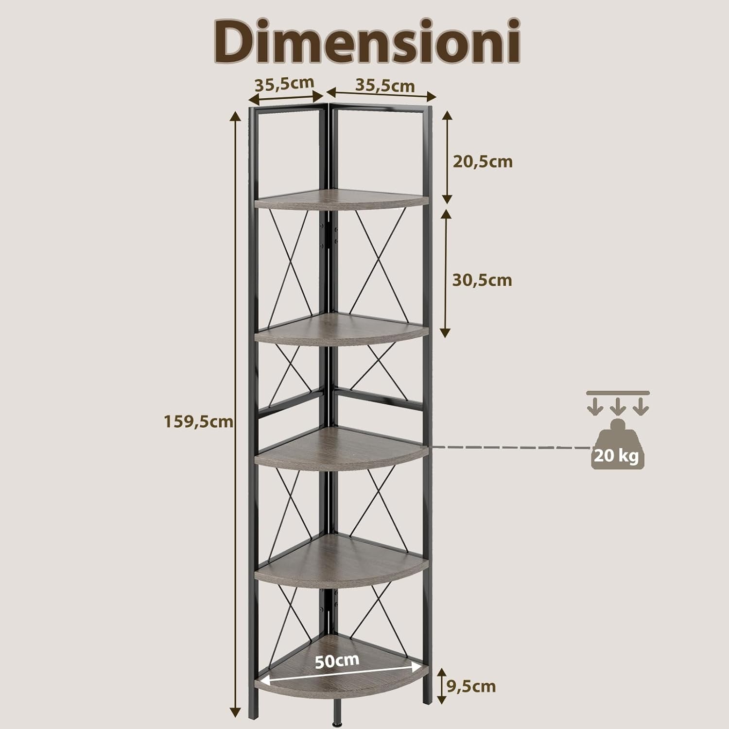 Scaffale Angolare, Libreria Industriale Angolare a 5 Ripiani con Struttura in Metallo, per Soggiorno Ufficio Cucina Spazi Piccoli, 35,5x35,5x159,5 cm (Grigio Rovere)