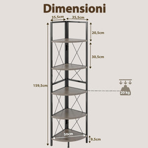 Scaffale Angolare, Libreria Industriale Angolare a 5 Ripiani con Struttura in Metallo, per Soggiorno Ufficio Cucina Spazi Piccoli, 35,5x35,5x159,5 cm (Grigio Rovere)
