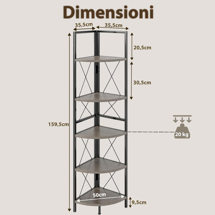Scaffale Angolare, Libreria Industriale Angolare a 5 Ripiani con Struttura in Metallo, per Soggiorno Ufficio Cucina Spazi Piccoli, 35,5x35,5x159,5 cm (Grigio Rovere)