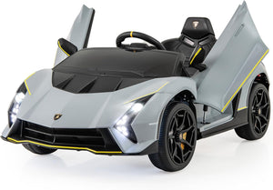 12 V Lamborghini Macchina Elettrica per Bambini, Auto Elettrica Cavalcabile con Telecomando Luci Ammortizzatori a Mola, 3 Velocità, per Bambini 3-8 Anni, 2-4 Km/h (Grigio)