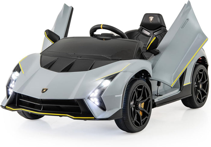 12 V Lamborghini Macchina Elettrica per Bambini, Auto Elettrica Cavalcabile con Telecomando Luci Ammortizzatori a Mola, 3 Velocità, per Bambini 3-8 Anni, 2-4 Km/h (Grigio)