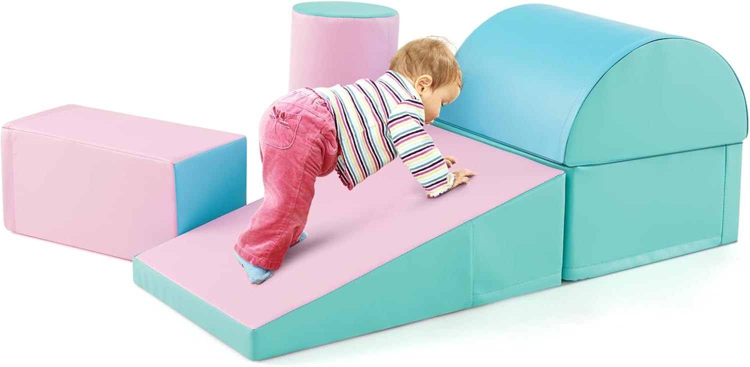 Set di 5 Blocchi con Diverse Forme e Colori, Giocattolo per Arrampicata e Strisciamento, Aiuta i Bambini a Crescere (Verde e rosa chiaro)