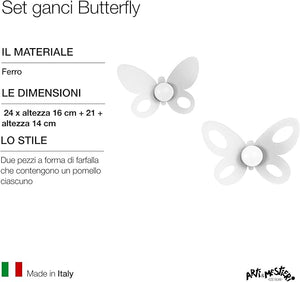 Set 2 ganci da parete Butterfly bianchi in acciaio, resistenti e decorativi per ingresso, bagno e camera, made in Italy