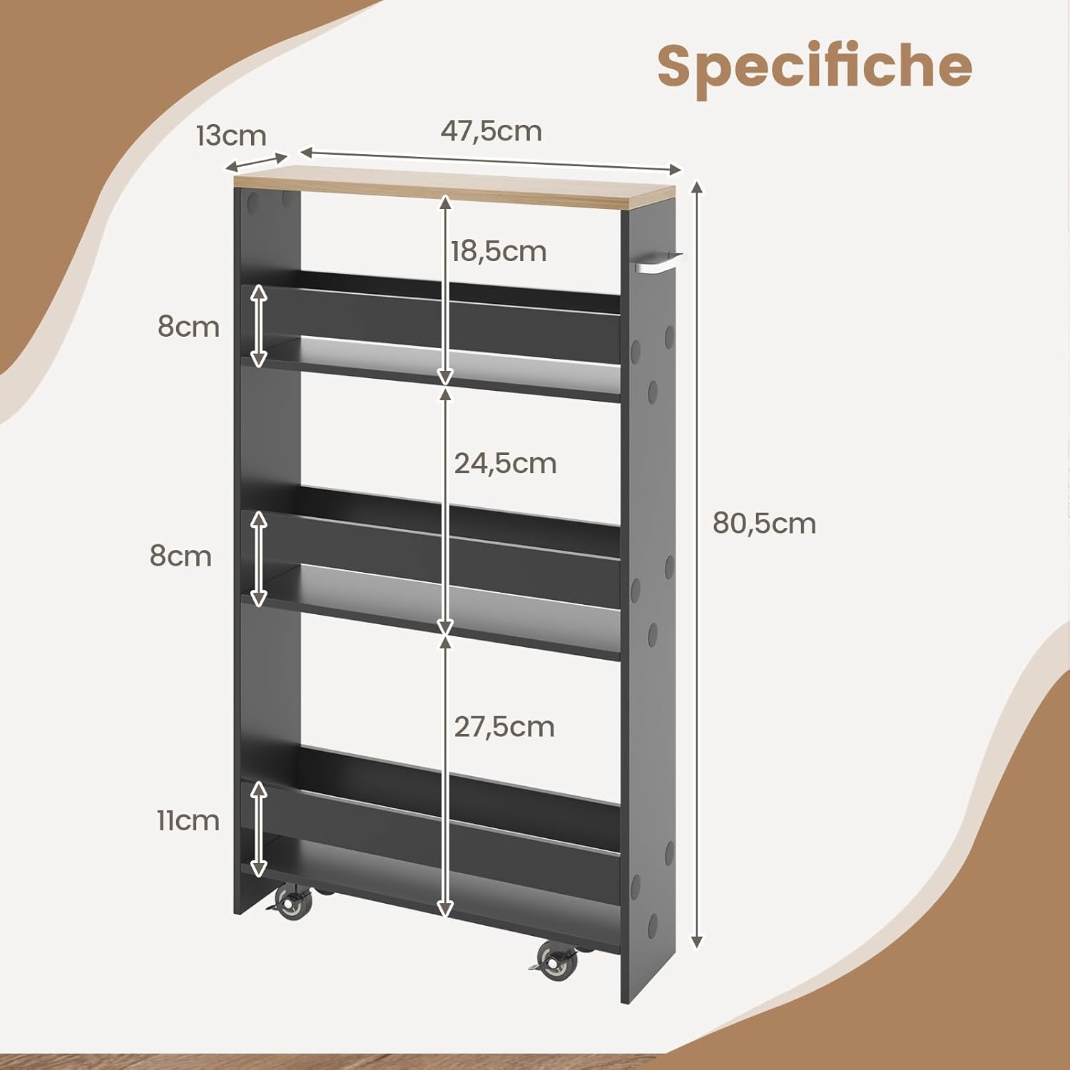 Carrello Portaoggetti da Cucina, Scaffale con Maniglia Laterale e Ruote, Carrello Salvaspazio con 3 Scaffali Stretti, 47,5x13x80,5 cm (Naturale+Grigio)