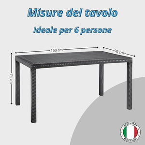 Tavolo da giardino in plastica rettangolare, Rattan - Tavolo da pranzo per esterno, terrazzo - 6 posti - Nero