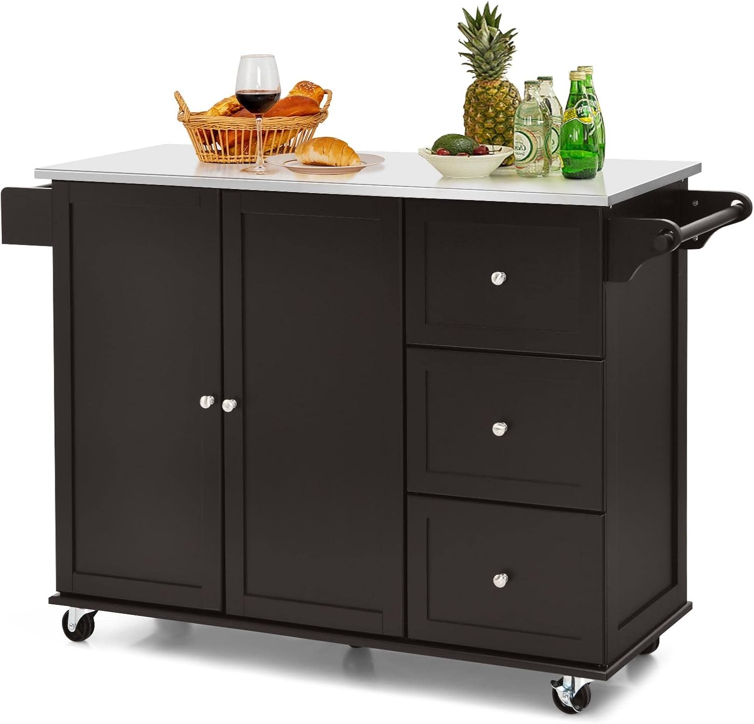 Carrello da Cucina, Isola da Cucina con Piano in Acciaio Inox, 3 Cassetti e Armadietto a 2 Ante, Ripiani Regolabili e Portasciugamani e Portaspezie, 135x45,5x 91,5 cm (Marrone)