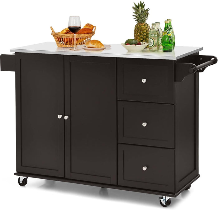 Carrello da Cucina, Isola da Cucina con Piano in Acciaio Inox, 3 Cassetti e Armadietto a 2 Ante, Ripiani Regolabili e Portasciugamani e Portaspezie, 135x45,5x 91,5 cm (Marrone)
