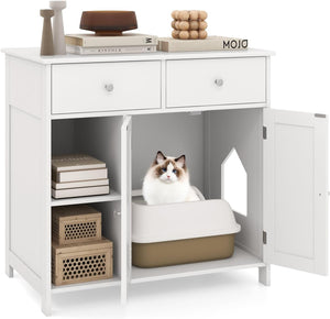 Lettiera Nascosto per Gatti, Mobile Laterale per Gatti con 2 Cassetti, 2 Porte, Ripiani Aperti e Dispositivi Anti-Ribaltamento, Armadio Salvaspazio per Animali Domestici Interno, Bianco