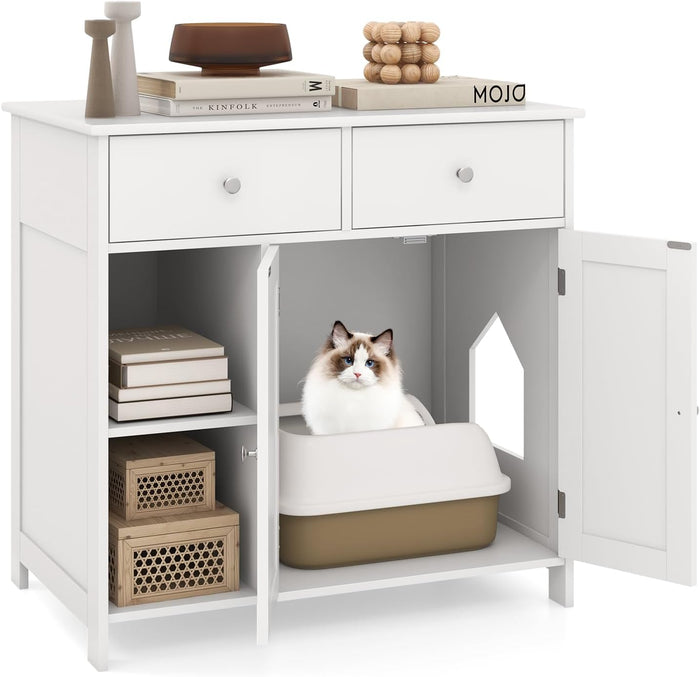 Lettiera Nascosto per Gatti, Mobile Laterale per Gatti con 2 Cassetti, 2 Porte, Ripiani Aperti e Dispositivi Anti-Ribaltamento, Armadio Salvaspazio per Animali Domestici Interno, Bianco