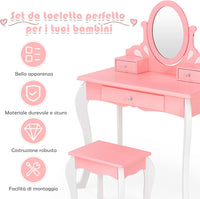 Toeletta Trucco con Sgabello per Bambini, Toeletta Trucco Bambina con Specchio Girevole a 360° e 3 Cassetti, 2-in-1 Postazione Trucco, 3+ Anni (Rosa)