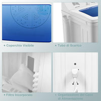 Lavatrice a Doppia Vasca, Lavatrice a Doppio Cestello con Lavaggio (5 kg) e Filatura (3 kg), Lavatrice Compatta Mini per Campeggio, Appartamenti, 64 x 36 x 72 cm, Bianco