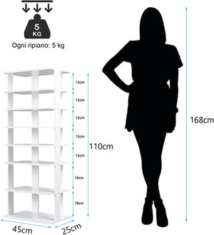 Scarpiera Verticale a 7 Livelli, Organizer per Scarpe in Stile Retr¨°, con Pannello Rimovibile, Scaffale per Scarpe per Corridoio Ingresso Armadio, 45x25x110 cm (Bianco)